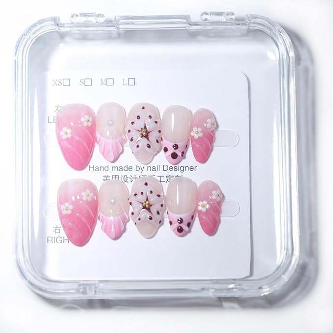 10Pcs Short Almond Handmade Press On Nails | Pink Ombre with Seashell, 3D Floral & Pearl Decor | Reusable Salon-Quality Fake Nails for Women and Girls(PZ01, XS)