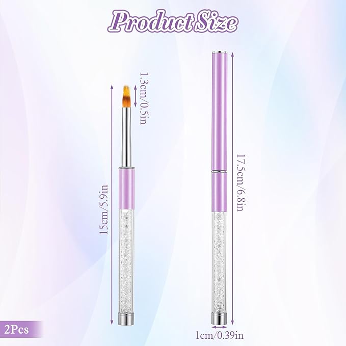 2PCS Nail Ombre Brush Nail Painting Art Brushes with Rhinestone Handle UV Gel Polish Nails Drawing Pen Nails Art Brushes for Nail Design