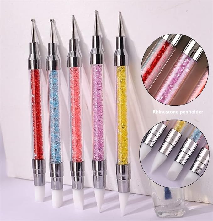 5PCS Dual-Ended Nail Art Sculpture Pen Dotting Tools, Silicone Nail Polish Brushes Stainless Steel Carving Drawing Dotting Tool, Acrylic Rhinestone Handle, Nail Art Tools