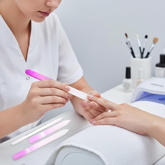 4 Pcs Glass Nail File Set, Glass Nail File & Cuticle Pusher, Glasss Nails Files with Leather Storage Bag, Nails Files Kit for Manicure Pedicure Toenail Buffer Cuticle Trimmer (Pink)