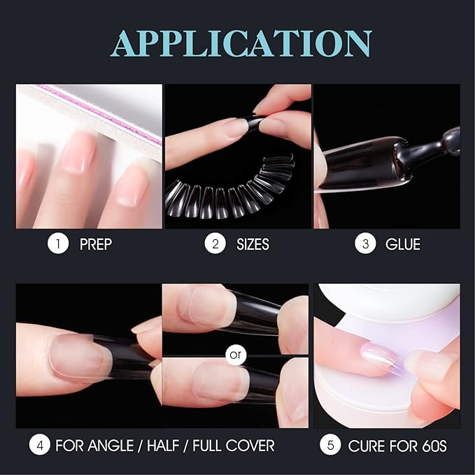 Gelike EC Soft Gel Nail Tips Kit for Soak Off Nail Extensions, Full Cover, Coffin Shaped, Pre-Buff PMMA Resin, Clear Ultra-Thin Design, 12 Sizes, 552 Pieces, Medium Coffin False Press on Nail
