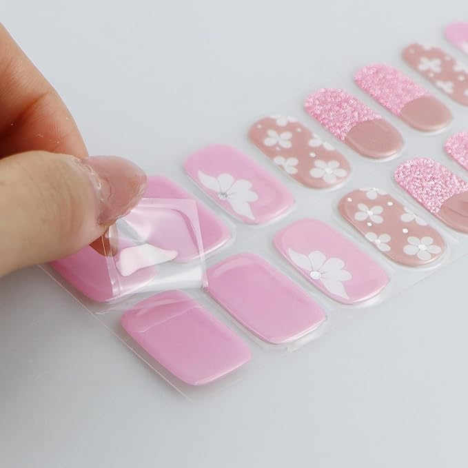 JMEOWIO Gel Nail Stickers French Tip Pink White Flower Semi Cured Gel Nail Strips Wraps UV/LED Nails Art Design Decoration Accessories