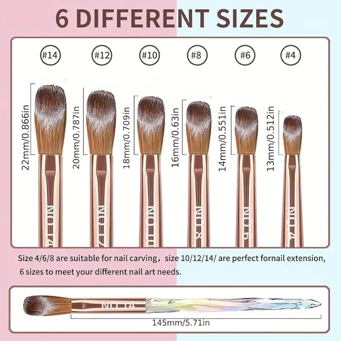 6PCS Acrylic Nail Brush Set,Size 4/6/8/10/12/14 Professional Nail Brushes for Acrylic Application Extension and 3D Carving for Nail Home Salon DIY