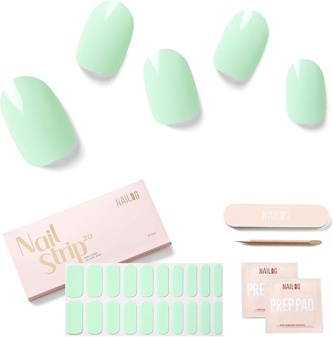 Semi Cured Gel Nail Strips - NAILOG 20 Pcs Green Nail Stickers Extra Long Wraps with Glossy Gel Finishing for Spring Summer, Pastel Mint