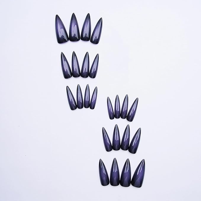 MISUD Press on Nails - Long Stiletto Fake Nails with Goth Black Purple, Acrylic Gothic Ombre Design 24 pcs