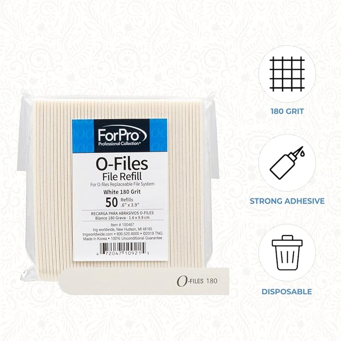 ForPro Professional Collection O-Files Replaceable File System, 180 Grit, Manicure Nail File Refills, 3.9” L x .6“ W, White, 50-Count
