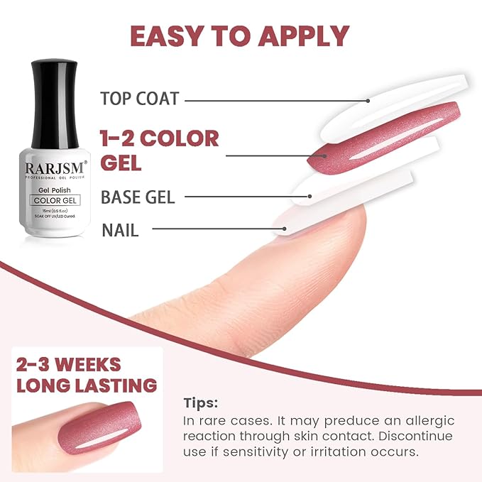 RARJSM Nude Glitter Gel Nail Polish Rose Gold Metallic Dark Dirty Pink with Silver Pearl Finish Shimmer Gel Polish 15ml UV LED Soak Off Soft Color Home Salon French Manicure Varnish Curing Requires