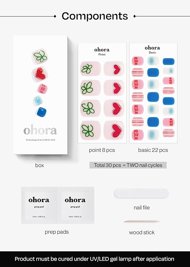 ohora Semi Cured Gel Pedi Strips (P Happy Go Lucky) - Mixed Colors, Works with Any UV/LED Lamps, Salon-Quality, Long Lasting, Easy to Apply & Remove - Includes 2 Prep Pads, Nail File & Wooden Stick