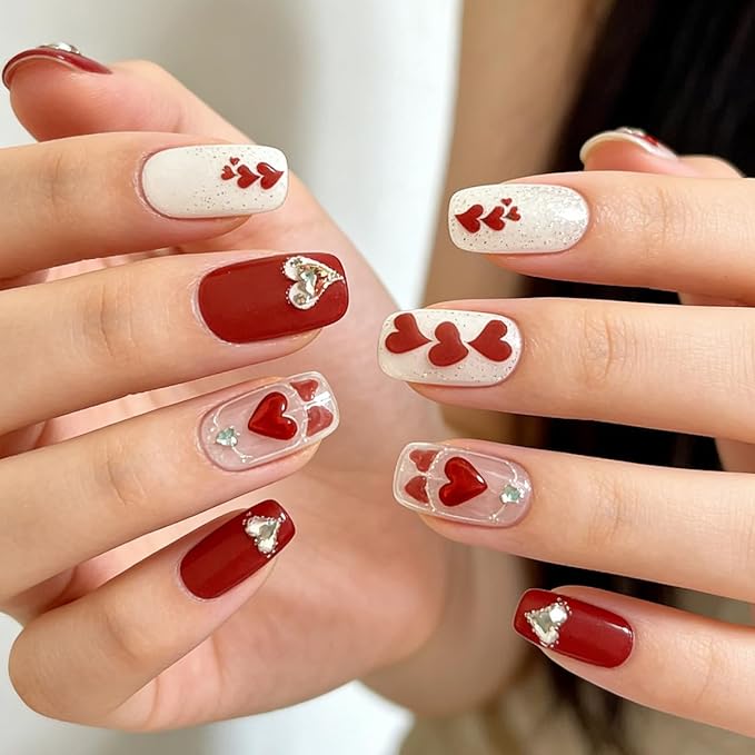 Valentines Day Gel Nail Stickers for Nail Art Red Heart Gel Nail Polish Strips Romantic Love with Rhinestones Glitter Design Cute Holiday Stickers Full Wrap Gel Nail Strips Sticker for Manicure Salon