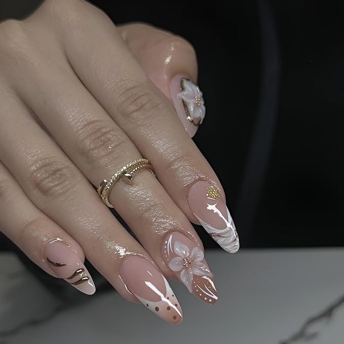 French Tip Fake Nails Medium Almond Press on Nails Embossed Flower Nails Press Ons Polka Dot False Nails Nude Glossy Glue no Nail Gold Line Acrylic Stick on Nail for Women Decoration 24Pcs