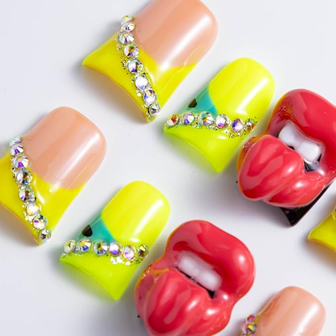 10 Pieces Luxury Acrylic Press On Nails Short Handmade Duck Nails, Thickened False French Nails, Rhinestones, Yellow Star And 3D Red Lips, Reusable Fake Nails, Acrylic Nails (M)
