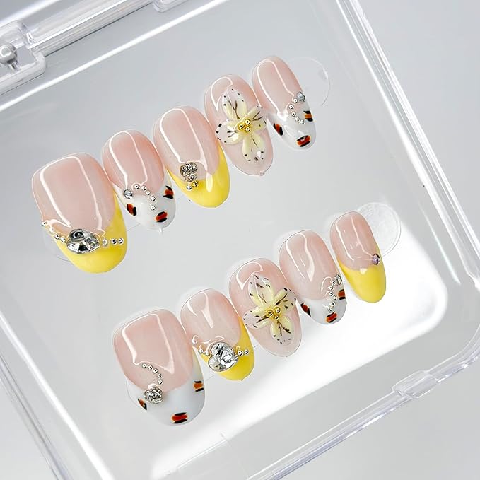 Luxury Press on Nails Medium Almond Handmade 3D Unique Reusable ABS Material Fake Nails French Tip False Nails with Designs Rhinestones Floral Art Petal Glossy Glue on Nails Thick Acrylic Nails(M)