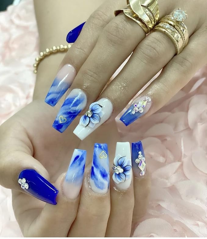 3D Acrylic Flower Nail Art Charms Handmade by Acrylic Powder - 15 colors, 24pcs Flowers Nail Rhinestones Kit 3D Crystal Nail Pearls Flat Design Acrylic Nail Art for Women Girls (Cobalt), 24.0 Count