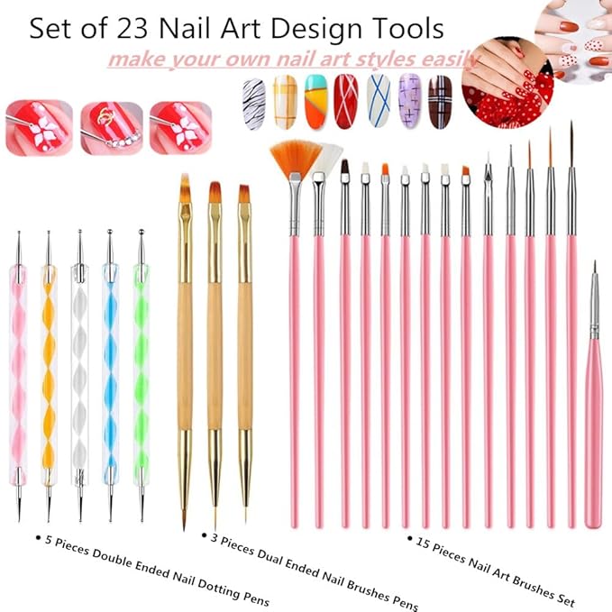 23Pcs Nail Art Brushes,Nail Art Painting Tool Set,Nail Dotting Tools,Nail Dust Brush,Striping Nail Art Liner Brushes for Long Lines,Nail Drawing Pen for Nail Design