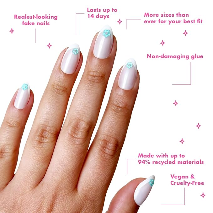 Olive & June Maximalist Instant Mani Press-On Nails (Glue) | 42 Fake Nails, 21 Sizes | Non-Toxic, Long-Lasting Big, Bold Gorgeous Realistic Look | Medium, Almond | Puffy Flower Chrome French