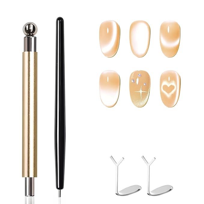 4-Piece Cat Eye Magnet Set – Gold Nail Magnet, Heart-Shaped Nail Art Magnet, Black Bead-Attracting Cat Eye Magnet for Nails Pen Accents, Works with Cat Eye Gel Polish for DIY Nail Designs