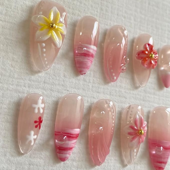 Medium Press On Nails - Handmade 3D False Nails Medium Long Coffin 10 Pcs Reusable ABS Material Finger Painting Nail Tip French Salon Design -M size