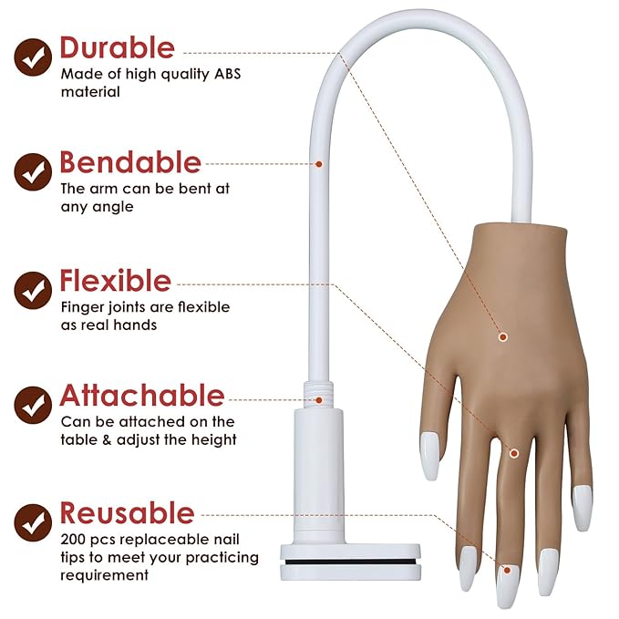 Acrylic Practice Hand Fake Nails Kit, BORNBYME Upgrade Nail Training Adjustable Finger Kits, Fake Nails Hands for Nail Beginner Practice with 200 PCS Nail Tips, White