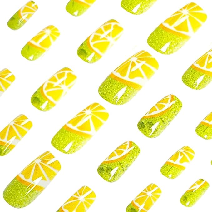 Square Press on Nails Medium - Green Fake Nails with Leaf Fruit Pattern Design - Summer Full Cover Stick on Nails - for Women 24 Pcs