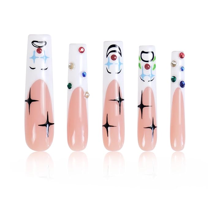 LOVFUL Press on Nails Clown | Handmade with Full Covered Crystals | Reusable Fake Nails | Square | H139-S, pink
