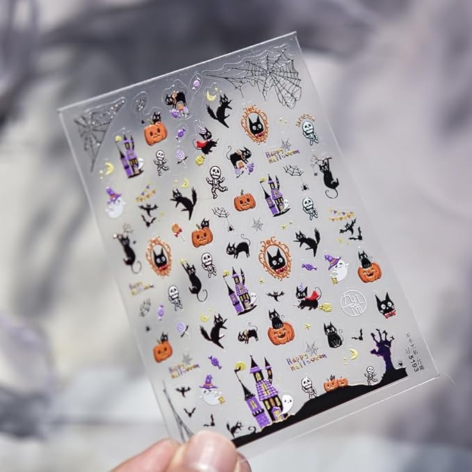 Halloween Nail Stickers Haunted House Ghost Nail Designs Pumpkin Cat Nail Decals 3D Self-Adhesive 5D Embossed Skeleton Spider Web Nails Supplies for Women Holiday DIY Manicure 1 Sheet