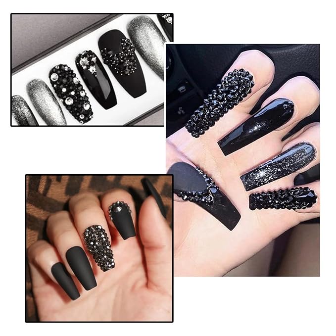 2052Pcs Black Nail Art Rhinestones Kit 72 Multi Shapes Crystal Flatback Rhinestones Gems +1980 Jet Black Round Beads Glass Stones Diamonds Jewels w Tweezer & Wax Pen for Nail Faces Eyes Makeup Crafts