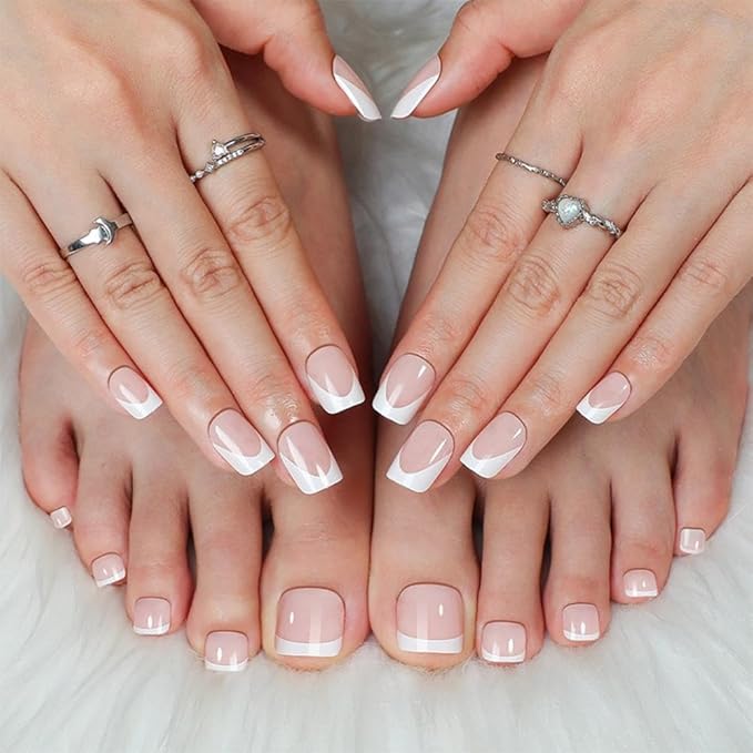 48Pcs White French Tips Press on Nails Nude Pink Press on Toenails Short Square Fake Toenails with Designs Full Cover Fake Nails Glossy Reusable Summer False Toenails for Women Girls DIY Manicure