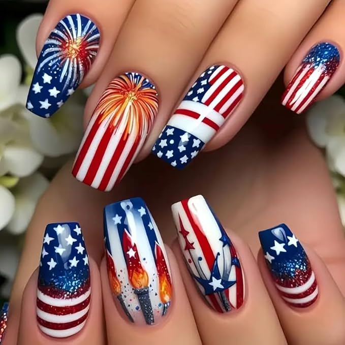 4th of July Press on Nails Medium Coffin Fake Nails with Blue Red White Designs Patriotic Coffin False Nails Full Cover Glossy Acrylic Stick on Nails Independence Day Glue on Nails for Women 24Pcs