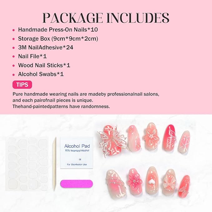Handmade Press on Nails Pink Medium Almond Fake Nails with 3D Flower Butterfly and Bow Design Luxury Pearl Water Ripple Thick Stick on Nails Muti-Layer Gel Acrylic Nails for Women Nail Art (Size S)