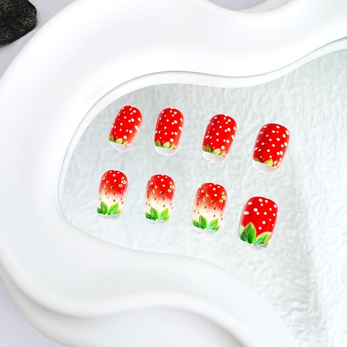 French Tip Press on Nails Short Square Fake Nails with Designs Strawberry Glue on Nails Rhinestone Acrylic Nails Summer Fruit False Nails Glossy Full Cover Stick on Nails for Women