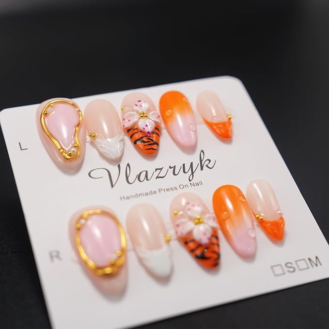 Luxury Medium Almond Handmade Press on Nails, Orange Gradient French Tip with 3D Flowers Nail art,Reusable Acrylic Gel Fake Nails ，100% Handmade Make Salon-Quality False Nails .(10pcs)