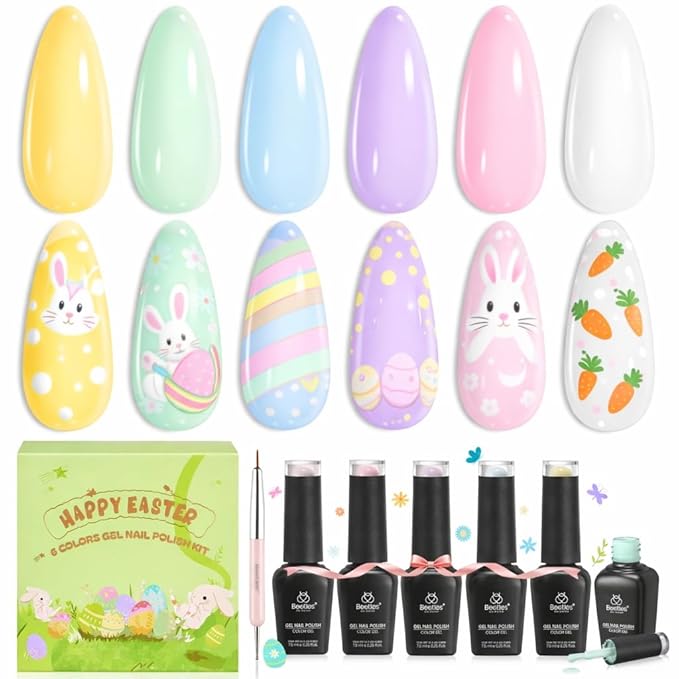 Beetles Easter Gel Polish Set - 6 Colors Pastel Polka Dot Gel Nail Kit Pink White Yellow Blue Green Color Soak Off UV LED Nail Polish Nail Art Home DIY & Nail Techs Spring Gift for Women