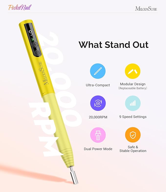 MelodySusie PocketNail Pen-Shaped Cordless Modular Nail Drill, Extended Kit, PC100GR 20000RPM Slim Portable Rechargeable Electric File for Nail Care & Gel Removal at Home for Beginners, Lemon Grass