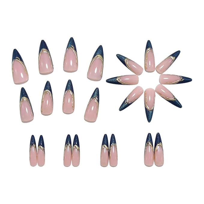 Medium Long Stiletto Press On Nails Nude Pink with Blue Glitter French Tip Gold Outline 24 Pcs Fake Nails with Adhesive Tabs No Nail Glue
