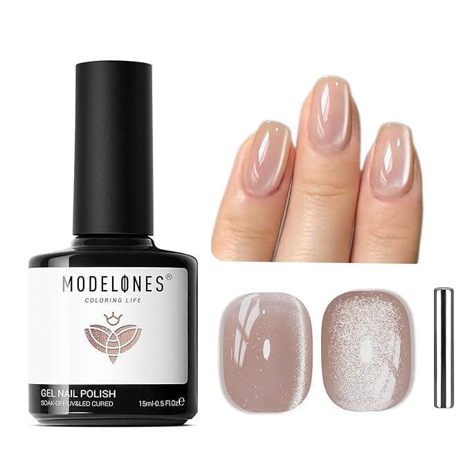modelones Silk Cat Eye Gel Nail Polish,Pearl Nude Gel Polish Glitter Glass Polish with Magnet Soak Off Led Shimmer Shell Valentin 15 ML