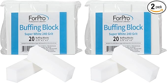 ForPro Super White Buffing Block, 240 Grit, Four-Sided Manicure and Pedicure Nail Buffer, 3.75” L x 1” W x 1” H, 20-Count (Pack of 2)