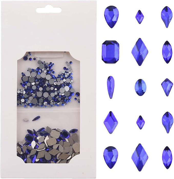 820pcs Flatback Crystals Glass Variety Shapes Blue Nail Rhinestones Round Beads Size Assorted 3D Nail Decoration Jewels for Nails Art Supply