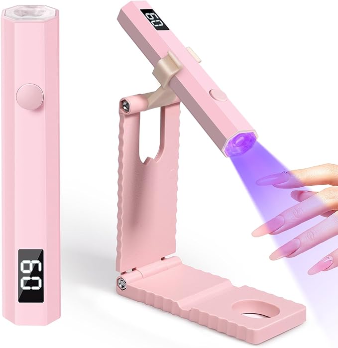 krofaue Mini Handheld UV Light for Gel Nails with Stand, Portable Rechargeable Nail Lamp with 2 Timers, Flash Cure for Rhinestone Glue Decoration at Home DIY, Travel