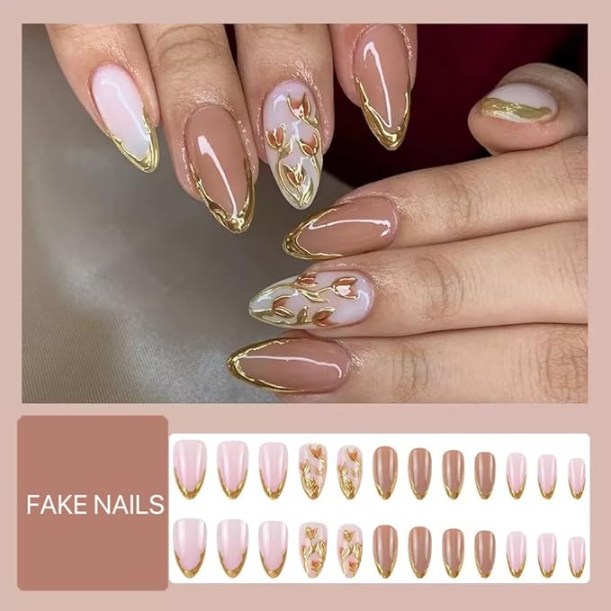 Almond Press on Nails Medium - Gold French Tip Fake Nails with Golden Emboss Flower Design - Fall Full Cover Stick on False Nails for Women 24 Pcs