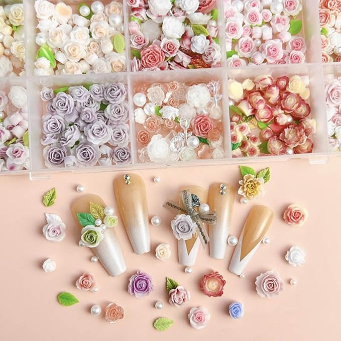 24Grid Random Mixed Flower Nail Charms - Colorful Floral Nail Decor Charms With Pearl Leaves & Resin Camellia Rose Designs