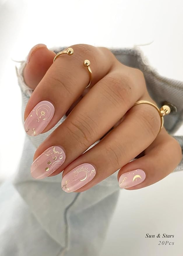 Semi Cured Gel Nail Strips (Sun & Stars), Pink, 20 Pcs Gel Nail Wraps, Stickers, UV Light Required, Salon Quality, Long Lasting