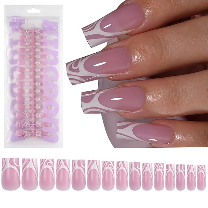 120 Pcs Medium Square Press on Nails French Tip Fake Nails with Irregular Stripe Design Full Cover Matte Stick on False Nails for Women 15 Sizes
