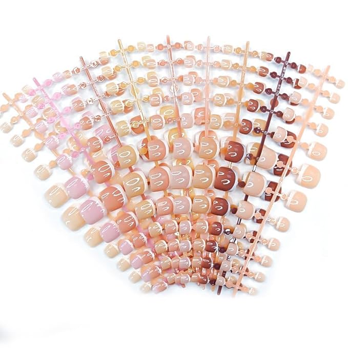9Packs 216Pcs French Tip Press on Toe Nails Short Square Fake Toenails Glossy Chrome Acrylic Nails Nude Nature Artificial False Toe Nail Glue on Nails for Women Girls Manicure Nails Decoration