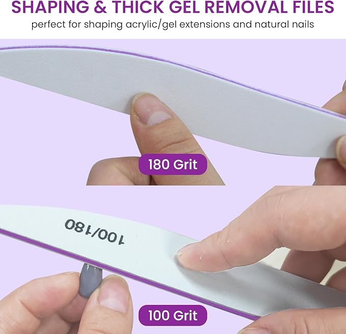 10PCS Nail Files 100/180 Set Grit Double Sided for Natural and Acrylic Nails Professional Fingernail Emery Boards and Shine Kit Supplies for Salon and Home Tech
