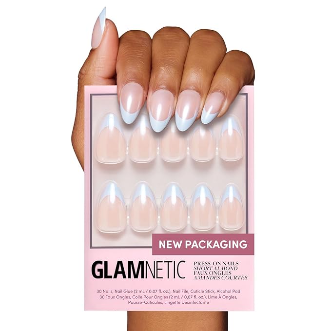 Glamnetic Press On Nails - Blueberry Icing Fake Nails | Short Almond Baby Blue French Tip Nails with a Glaze Finish | 15 Sizes - 30 Nail Kit with Glue