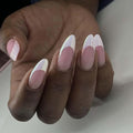 French Tip Press on Nails Medium Almond Fake Nails Press ons with Subtle Aurora Designs White Deep French Tip Reusable Acrylic Nails Full Cover Artificial Stick on Nails for Women Manicure 24Pcs