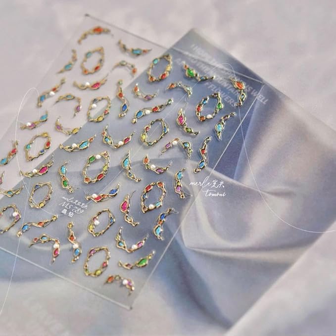 Pearl Gem Nail Stickers Diamond Nail Designs 3D Self-Adhesive Red Rhinestone Nail Decals 5D Embossed Gold Gemstone Jewelry Ribbon Summer Sticker Manicure Accessories for Women Girls DIY Nails 1 Sheet
