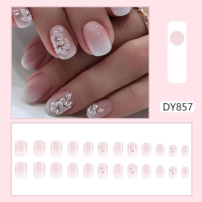 Flower Press on Nails Short Oval Fake Nails Ombre False Nails with Cute Design Glossy Glue on Nails Gradient Stick on Nail Full Cover Acrylic Artificial Nail for Women Manicure 24Pcs