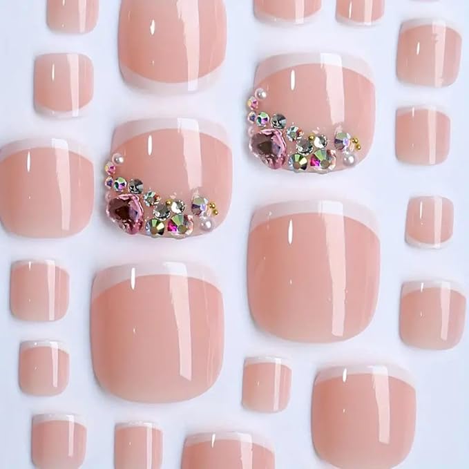 White French Tip Press On Toenails Short Square Fake Toes with Design Rhinestone Glue on Toe Nails Shiny Bling Summer False Toenails Full Cover Reusable for Women Girls Foot Manicure 24pcs