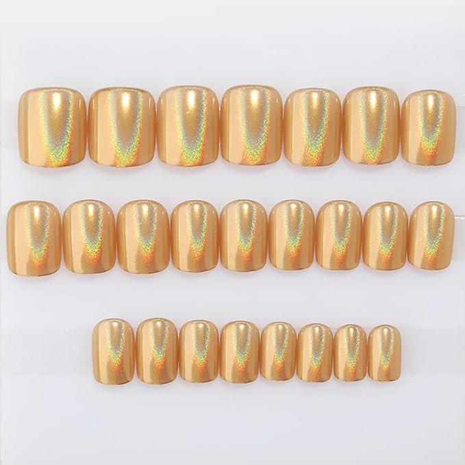 24Pcs Gold Holographic Acrylic Press on Nails Short Square - Reusable Fake Nails with Nail Glue Kit, Long Lasting Chameleon Static Nails for Women Daily Wear & Parties (Glossy Laser Design)